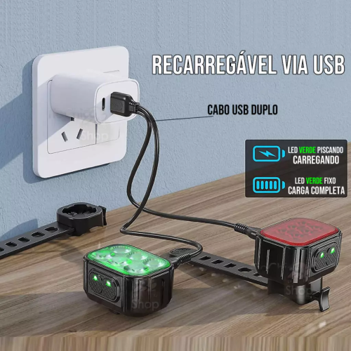 Kit farol + lanterna traseira. 🚴🏽‍♂️ Recarregável via USB 6 Leds + 24 Leds Autonomia de 2:30hrs à 20hrs ⏳